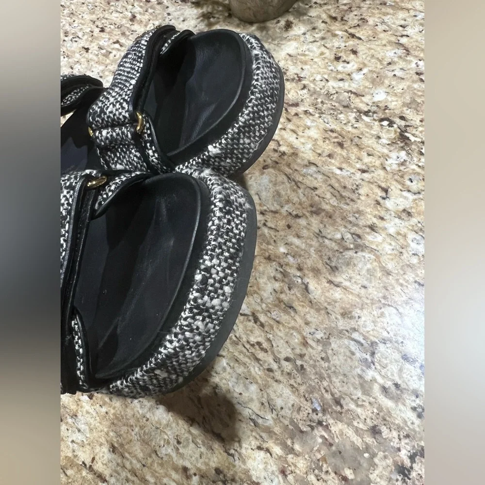Tory Burch Kira Tweed Black White Pattern Slingback Sandals 8.5